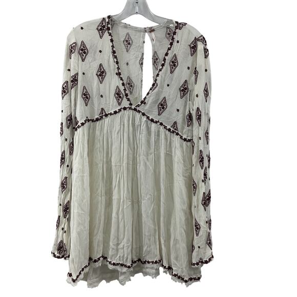 Free People Cream/Brown Boho Embroidered Tunic Blouse Women's, Size S Preowned - Picture 1 of 5